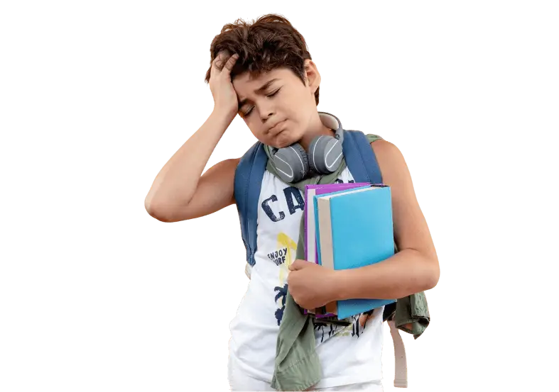 ojos-cerrados-nino-pequeno-cansado-escuela-bolso-trasero-auriculares-sosteniendo-libros-agarro-cabeza-aislada-Pediatric Chiropractic Design in Parkville